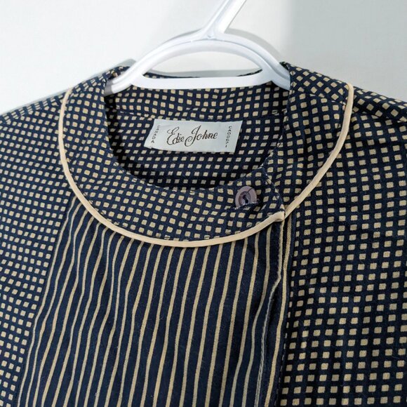 Edie Johne Long Sleeve Dress Navy Beige VINTAGE - Picture 3 of 4